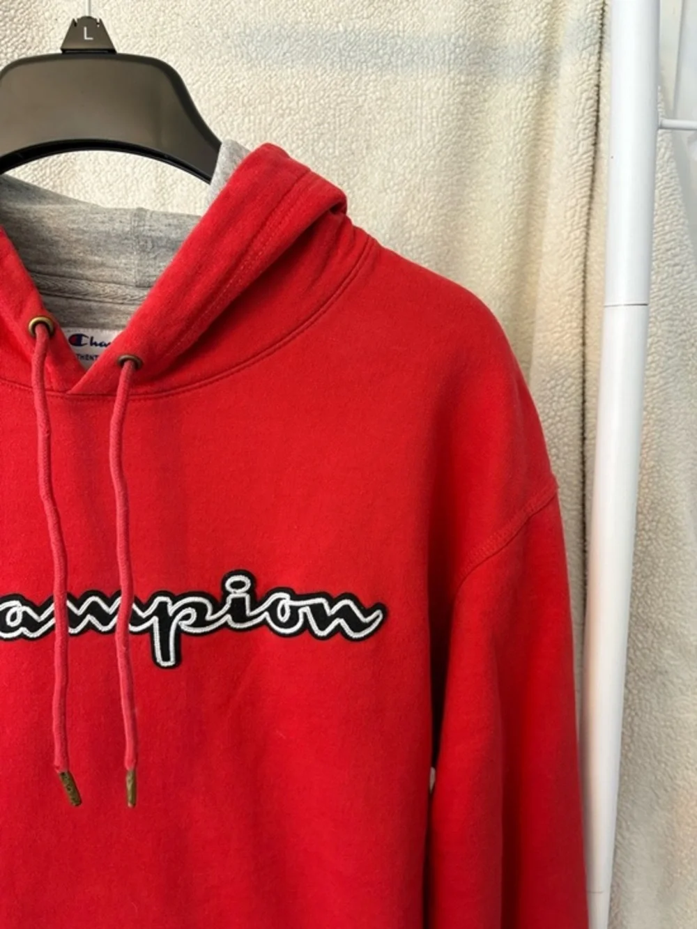 Champion Red Logo Hoodie Sweatshirt Size Large Cotton - Picture 3 of 13